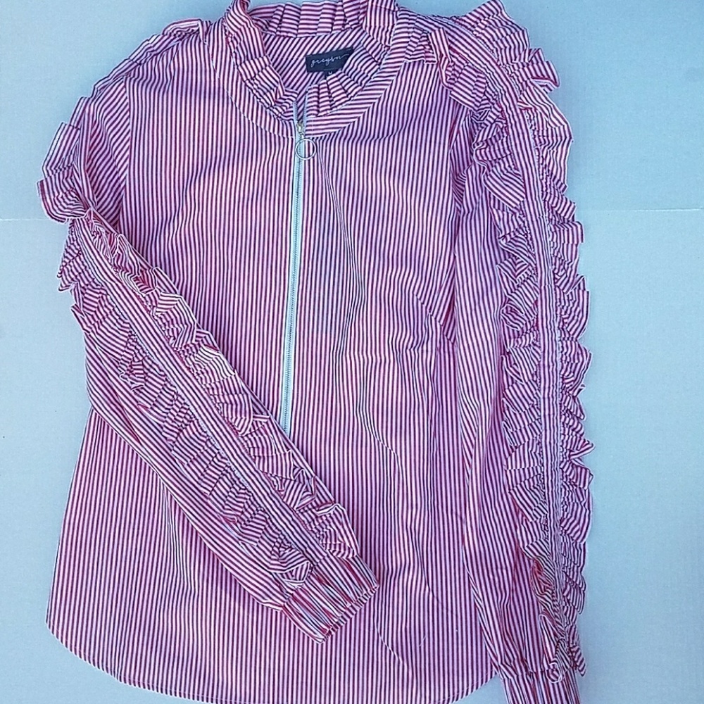 Greysn Red and White Ruffled Striped Shirt